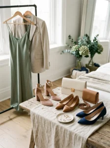 Alt Text: Smart casual wedding shoes, structured bags, and refined jewelry accessories