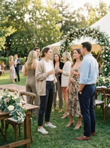 Alt Text: Underdressed wedding guest wearing overly casual clothing at a smart casual wedding