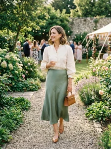 Alt Text: Smart casual wedding guest wearing a structured blouse and midi skirt