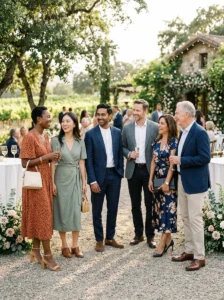 Alt Text: Diverse wedding guests wearing polished smart casual outfits with coordinated accessories