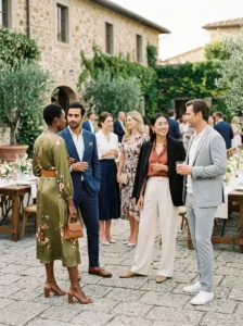 Alt Text: Smart casual wedding guests in polished outfits suitable for different wedding dress code questions