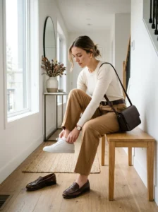 Woman wearing a polished casual outfit while answering common casual styling questions.