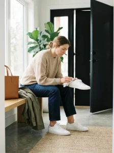 Simple casual outfit elevated with a belt, structured bag, and thoughtful styling details.