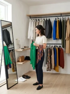 Alt Text: Woman choosing coordinated colors and accessories for a balanced fashion outfit