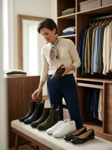 Alt Text: Tailored workwear outfit paired with polished loafers
