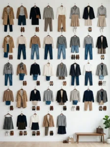 Alt Text: Woman testing multiple outfit combinations from a capsule wardrobe before committing to the pieces