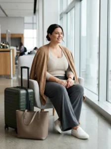 Alt Text: Plus-size woman wearing comfortable layered clothing designed for travel
