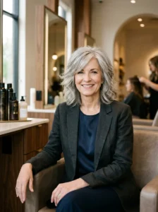 Alt Text: Confident woman over 50 with a modern voluminous shag haircut