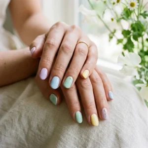 Fresh and simple spring nail designs featuring soft pastel colors and minimalist details.