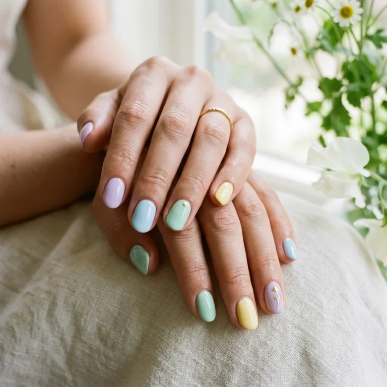 Fresh and simple spring nail designs featuring soft pastel colors and minimalist details.