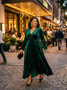 Alt Text: Confident plus-size woman wearing an elegant statement outfit for a night out.