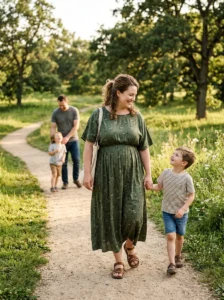 Alt Text: Plus size mom wearing a comfortable outfit with supportive sneakers.