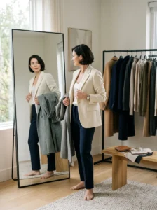 Alt Text:
Woman evaluating personalized clothing fit and proportions in a minimalist dressing room