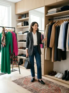 Alt Text:
Woman building a wardrobe foundation with timeless clothing before adding trendy pieces