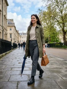 Alt Text:
Woman wearing a practical layered outfit for changing transitional weather