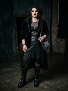 Alt Text: Plus-size woman wearing a textured layered goth outfit with dramatic accessoriesAlt Text: Plus-size woman wearing a textured layered goth outfit with dramatic accessories