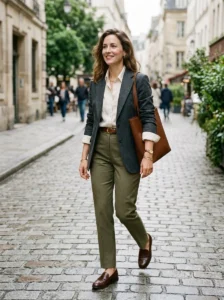 Close-up of polished outfit details including clean shoes, neat clothing, jewelry, and a structured bag.