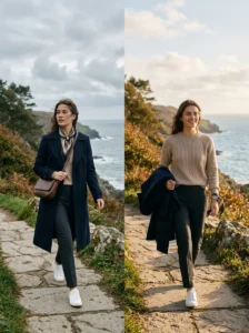 Alt Text:
Layered outfit designed to adapt to changing temperatures throughout the day