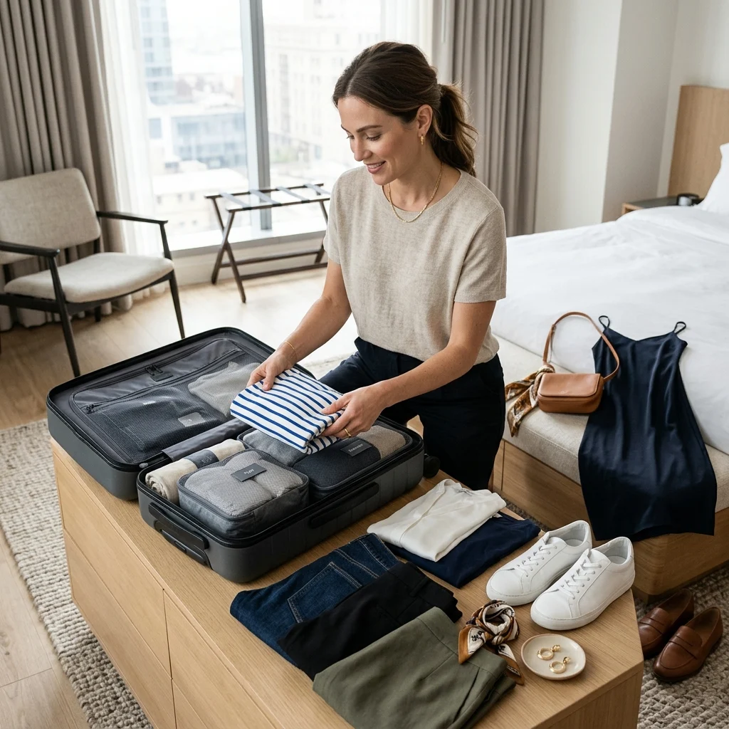 Main Featured Image Alt Text: Woman packing a compact travel capsule wardrobe with versatile outfits into a carry-on suitcase.