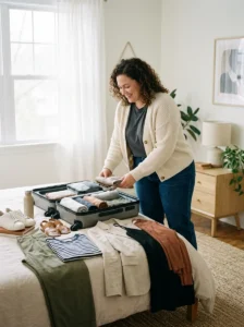 Alt Text: Plus-size woman wearing a comfortable one-piece outfit for travel