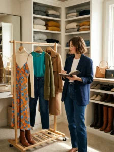 Woman creating fall outfits from existing summer wardrobe pieces and layers