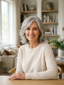 Alt Text: Woman over 50 styling a shag haircut for extra volume