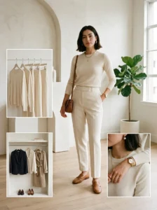 Stylish woman demonstrating key principles of fit, consistency, wardrobe editing, and finishing details.