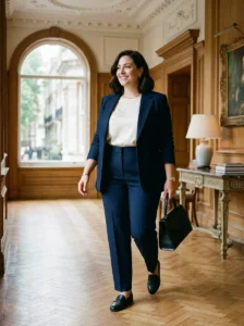 Alt Text: Plus-size woman styling understated accessories with a classic old money outfit