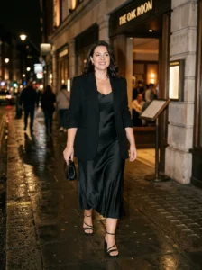 Alt Text: Plus-size woman wearing a comfortable stylish outfit suitable for dancing.