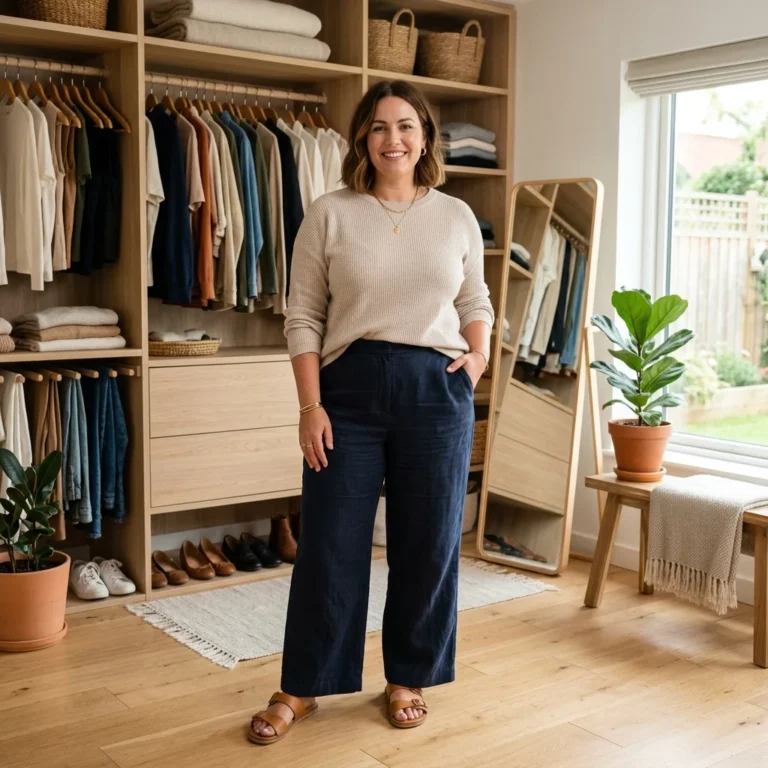 Alt Text: Plus size mom wearing a comfortable stylish everyday outfit in a bright home.
