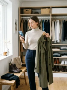 Alt Text:
Woman planning a versatile layered outfit based on changing weather conditions