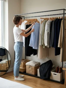 Alt Text: Woman maintaining a capsule wardrobe through seasonal clothing rotation