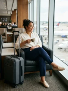 Alt Text: Plus-size woman wearing adaptable layers for changing travel temperatures