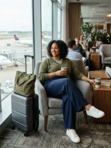 Alt Text: Plus-size woman wearing soft wide-leg trousers for comfortable travel
