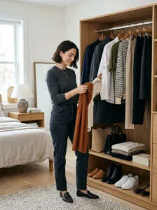 Alt Text: Woman building a practical capsule wardrobe from coordinated clothing pieces