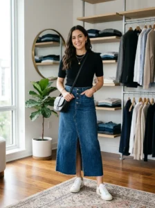 Alt Text: Versatile long denim skirt outfit with modern styling