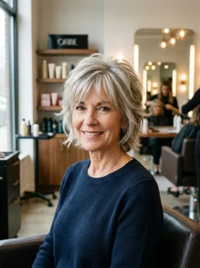 Long layered shag haircut with crown lift and flowing movement for a woman over 50.