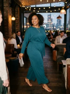 Alt Text: Plus-size woman wearing a sheer mesh overlay over a black evening outfit.