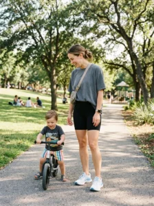 Alt Text: Mom wearing a sporty outfit while spending time with her child at the park.