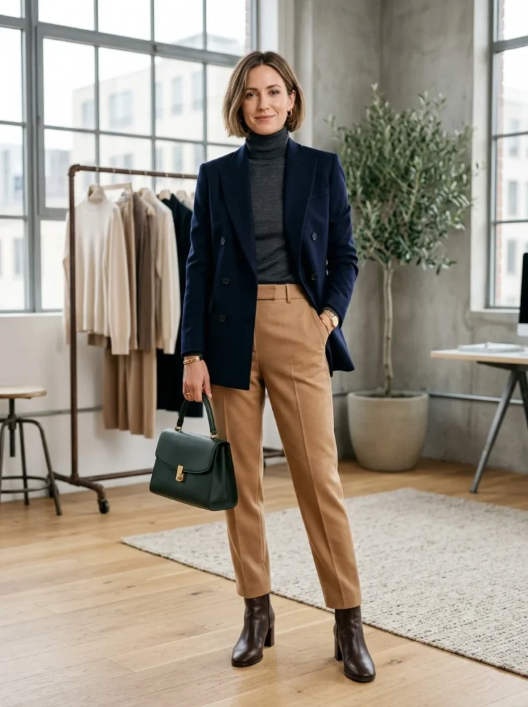Woman wearing a thoughtfully coordinated outfit with balanced proportions, colors, textures, and accessories