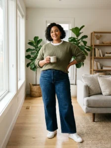 Alt Text: Confident plus size mom wearing a comfortable stylish everyday outfit.