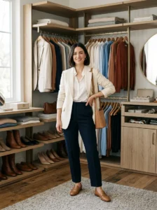 Alt Text:
Stylish woman in a polished outfit standing in an organized wardrobe setting for fashion guidance.