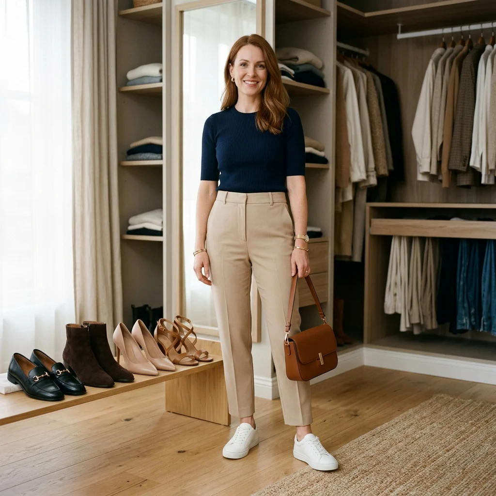 Alt Text: Woman choosing versatile shoes to coordinate with an everyday outfit