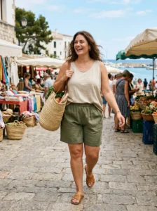 Alt Text: Plus-size woman wearing linen shorts and a loose tank top on vacation.