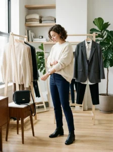 Alt Text: Woman styling oversized clothing for balanced casual and professional outfits