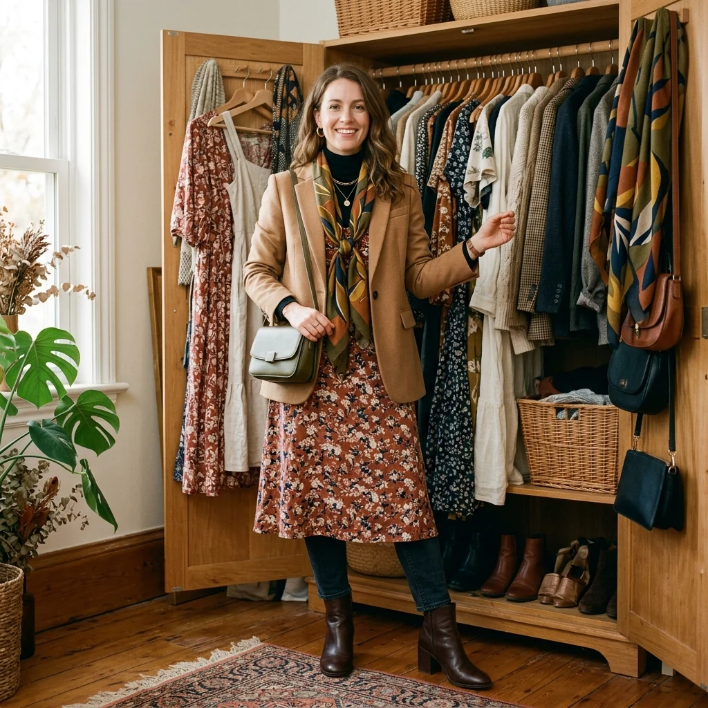 Woman transitioning a summer wardrobe into fall using existing clothes and layering