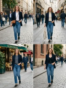 Woman confidently rewearing familiar wardrobe staples in different stylish combinations.