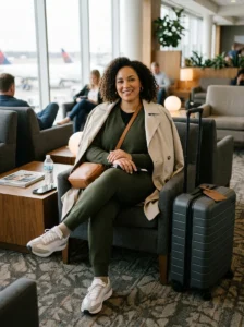 Alt Text: Plus-size woman wearing a comfortable travel outfit in an airport lounge