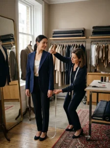 Alt Text:
Woman having a blazer evaluated and adjusted by a tailor for a better fit
