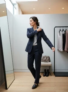 Alt Text:
Woman checking garment fit and movement before buying clothing